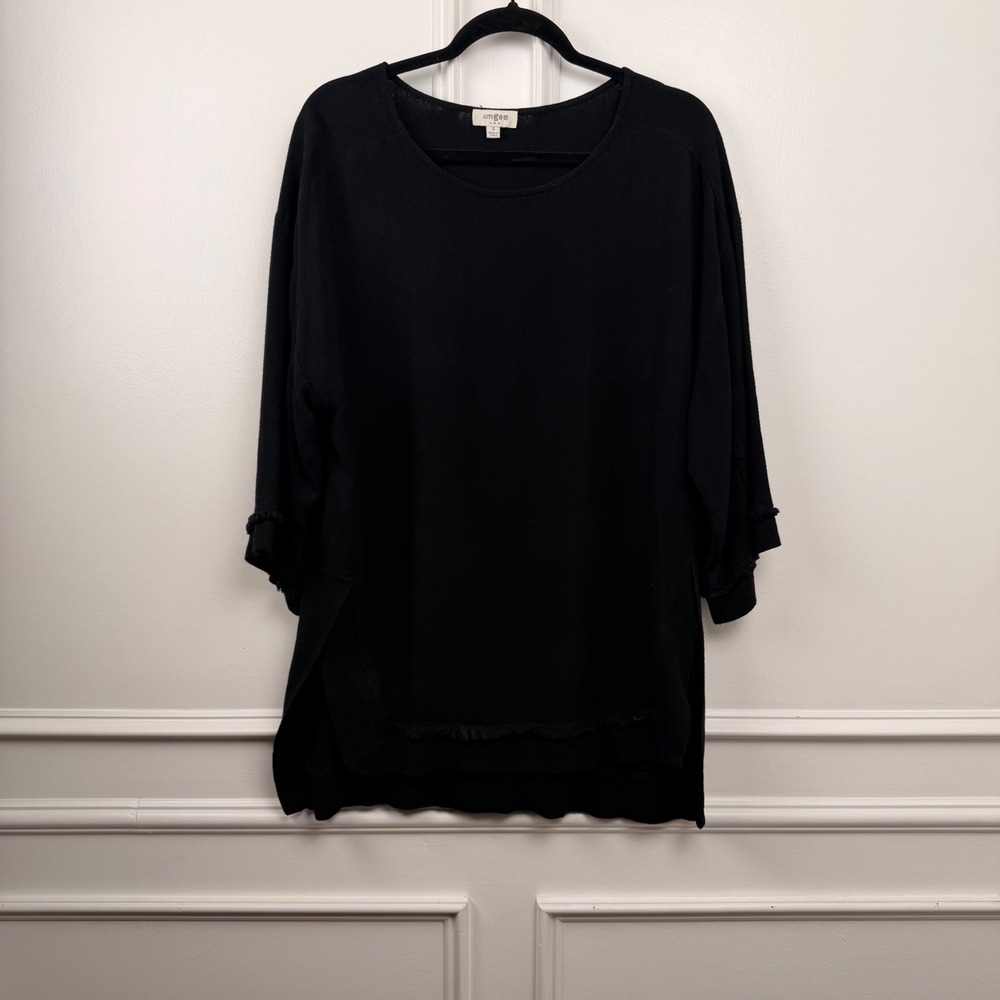 Umgee USA Black Linen Cotton Blend Fringe Hem Tunic‎ Top Small A6207